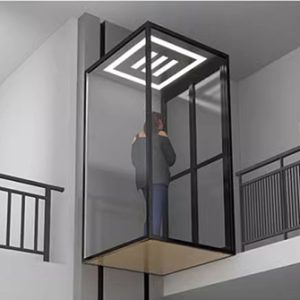 A modern home elevator featuring a glass enclosure and a person standing inside it.