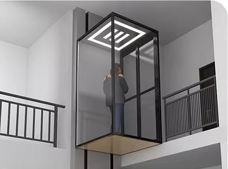 A modern home elevator featuring a glass enclosure and a person standing inside it.