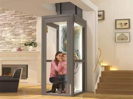 A home lift featuring glass panels with a woman and child inside, installed in a modern interior near staircase.