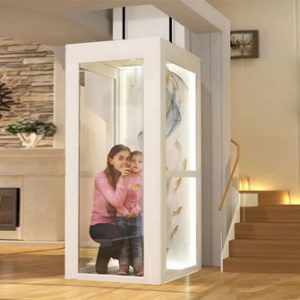 A residential home elevator lift with a woman and child inside, showcasing a modern design.