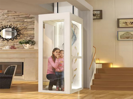 A residential home elevator lift with a woman and child inside, showcasing a modern design.