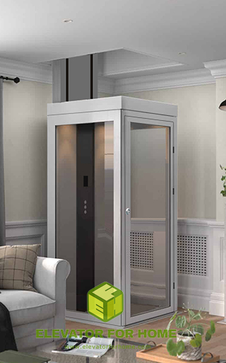 Shaftless home elevator with glass walls and control panel in a residential setting.