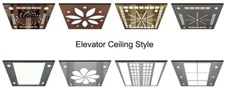 Various styles of elevator ceilings displayed in a grid format with different patterns and lighting.