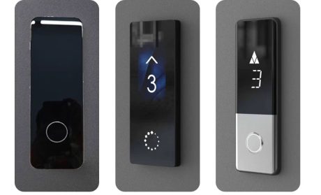 Three different designs of elevator control panels with buttons and display indicators.