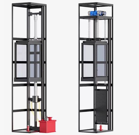 Home elevator design featuring a transparent cabin and a metal frame structure.
