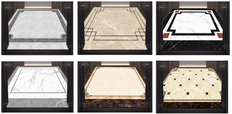 Six different elevator floor designs featuring marble and tile patterns in various colors.