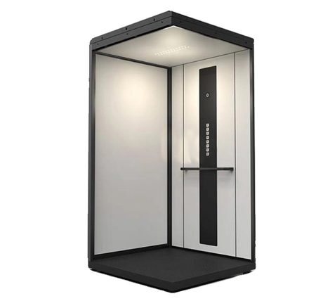 A mini home lift cabin designing with light and handrail inside. 