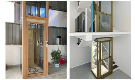 Two home elevator designs featuring glass and wood materials in a modern style.