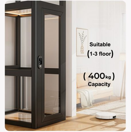 A mini home lift featuring glass panels and a control panel on the side.