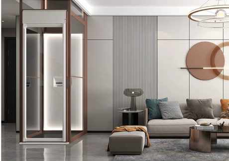A residential elevator integrated into a modern living space with sleek design elements.