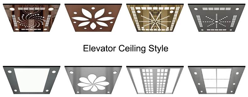Various styles of elevator ceilings displayed in a grid format with different patterns and lighting.