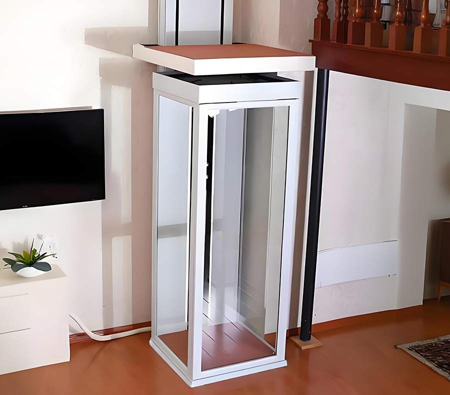 a white shaftless home elevator lift installed in a modern house