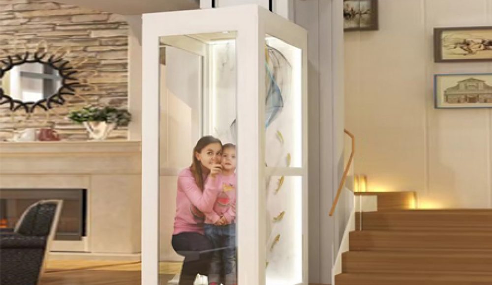 A residential home elevator lift with a woman and child inside, showcasing a modern design.